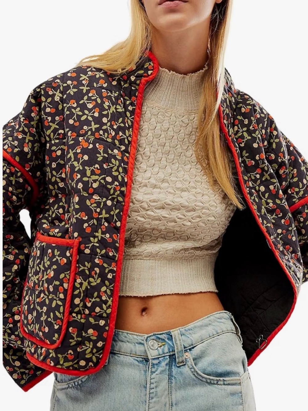 Quilted Cherry Fall Bomber Jacket with Red Trim